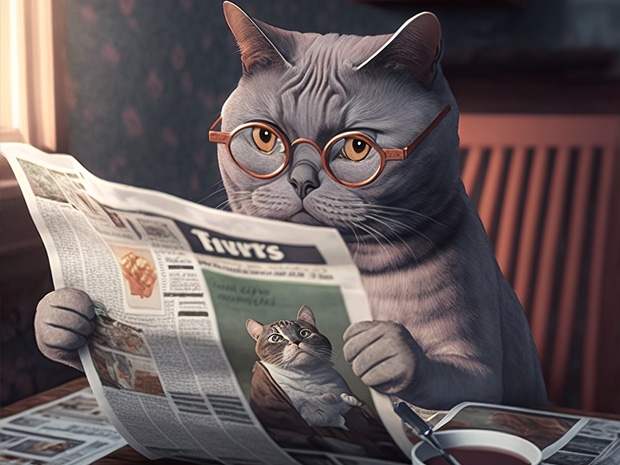Cat reading a newspaper